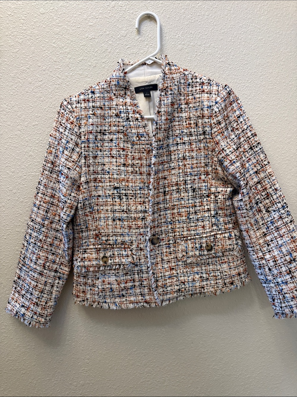 Ann Taylor Tweed Collarless Blazer in Cream, Blue & Brown